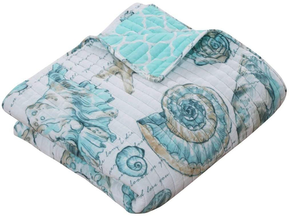 Blue White Aqua 50 X 60 Inch Quilted Throw Blanket Ocean Pattern Coastal Beach Trellis Sea Shell Starfish Stylish Modern Trendy Cottage Microfiber