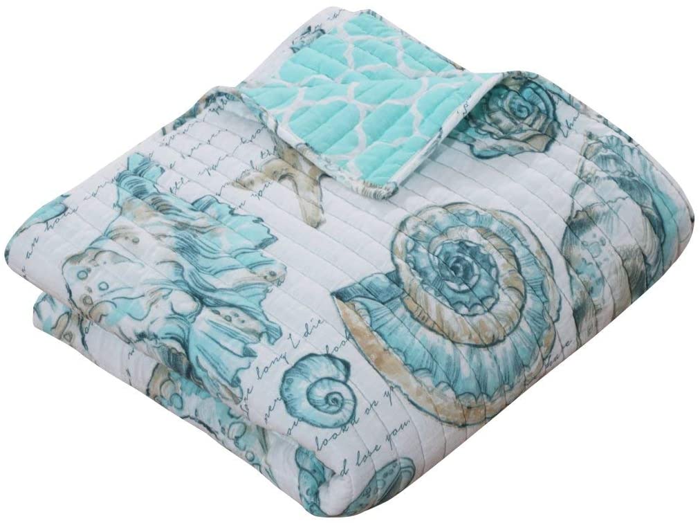 Blue White Aqua 50 X 60 Inch Quilted Throw Blanket Ocean Pattern Coastal Beach Trellis Sea Shell Starfish Stylish Modern Trendy Cottage Microfiber