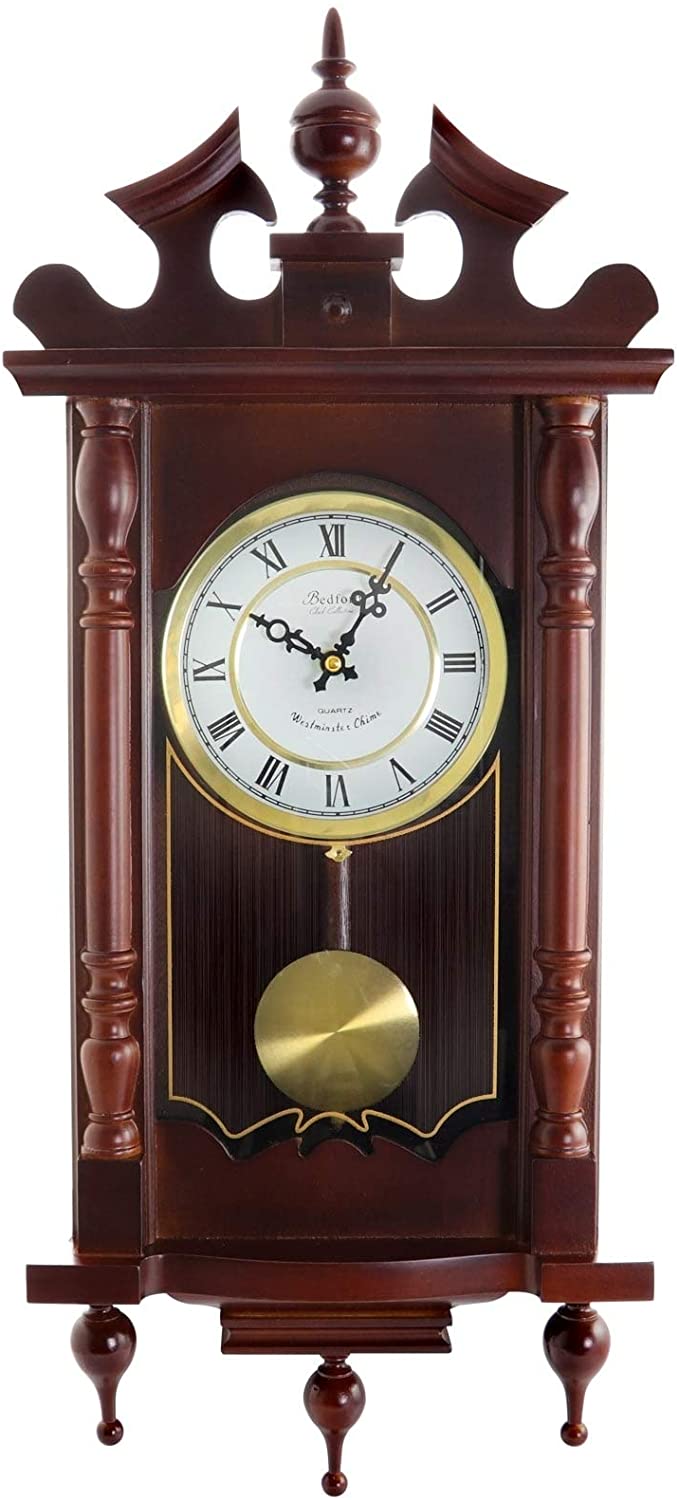 Decorative 31" Chiming Wall Clock W/Pendulum Red Rectangular Wood Cherry Finish - Diamond Home USA