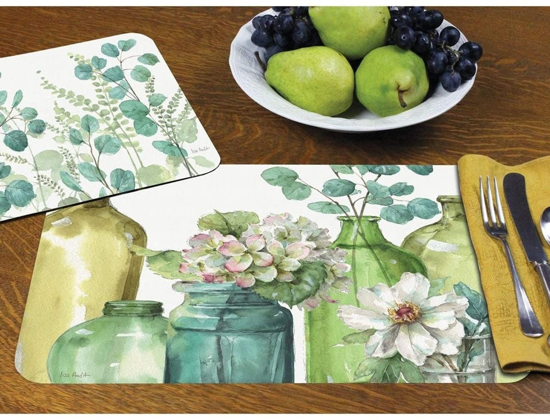 Wipe Clean Plastic Placemats Set 4 Greenery Color Rectangle - Diamond Home USA