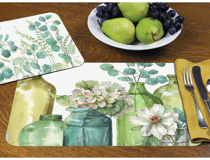 Wipe Clean Plastic Placemats Set 4 Greenery Color Rectangle - Diamond Home USA
