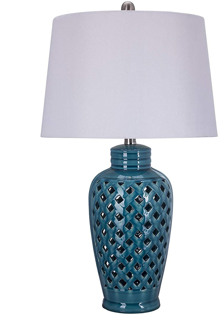 26 Inch Blue Ceramic Table Lamp Lattice Design Traditional - Diamond Home USA