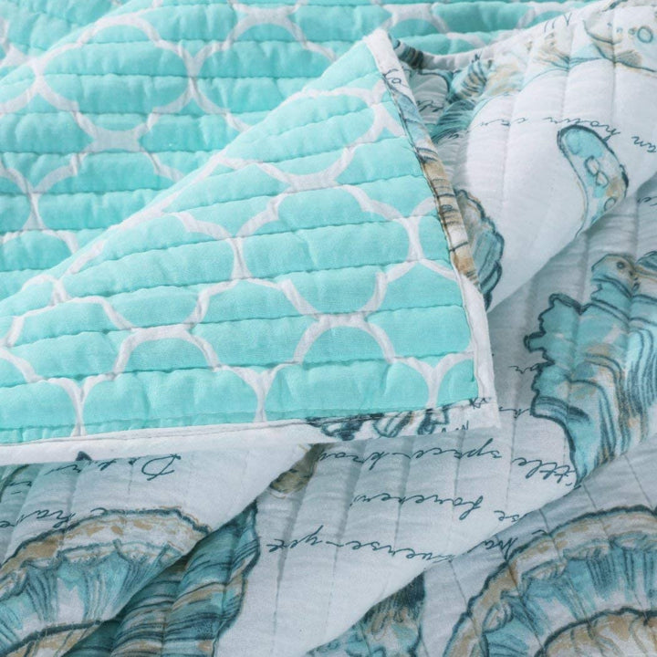 Blue White Aqua 50 X 60 Inch Quilted Throw Blanket Ocean Pattern Coastal Beach Trellis Sea Shell Starfish Stylish Modern Trendy Cottage Microfiber