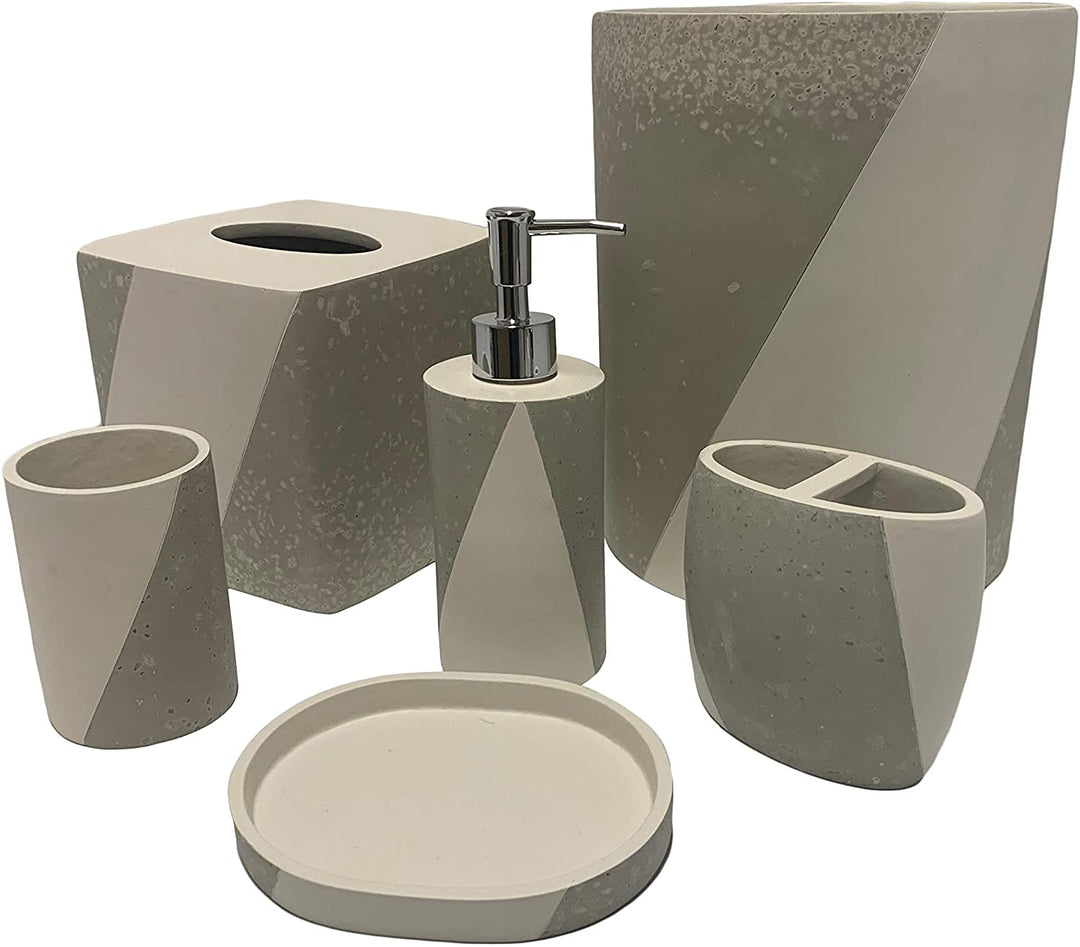 6 Piece Stone Resin Bath Accessory Set Natural/Gray Border