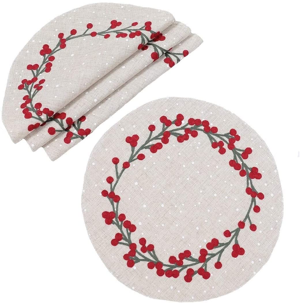Berry Branch Embroidered Christmas Placemats 14"x20" Set 4 16" Round Color Rectangle Round Linen