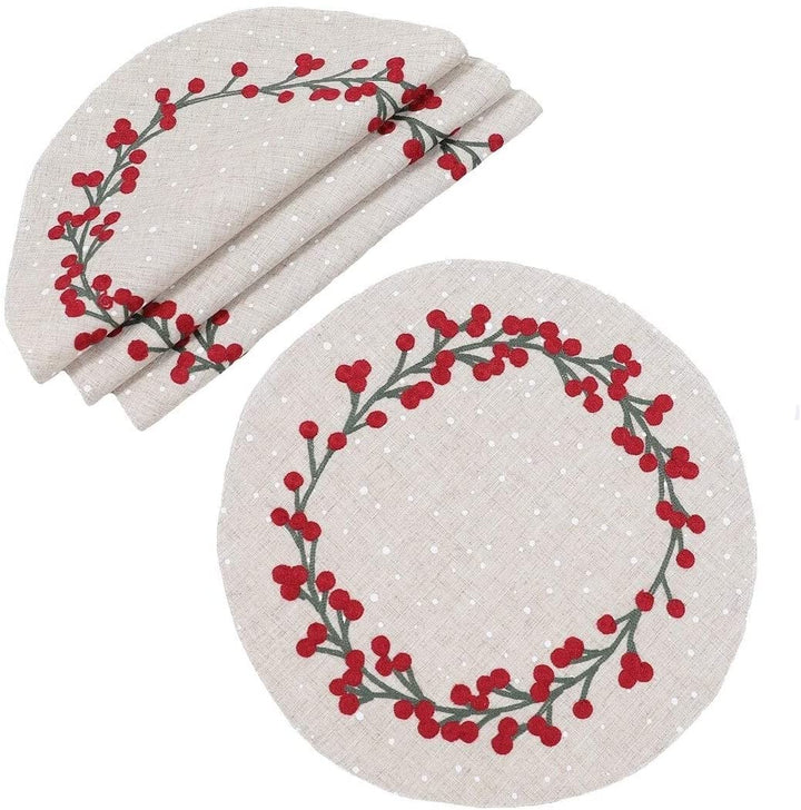 Berry Branch Embroidered Christmas Placemats 14"x20" Set 4 16" Round Color Rectangle Round Linen