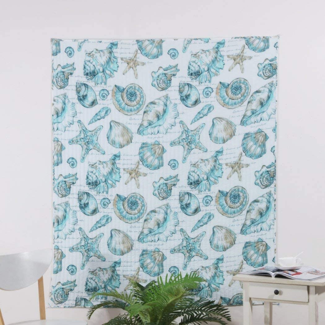 Blue White Aqua 50 X 60 Inch Quilted Throw Blanket Ocean Pattern Coastal Beach Trellis Sea Shell Starfish Stylish Modern Trendy Cottage Microfiber