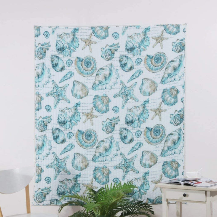 Blue White Aqua 50 X 60 Inch Quilted Throw Blanket Ocean Pattern Coastal Beach Trellis Sea Shell Starfish Stylish Modern Trendy Cottage Microfiber