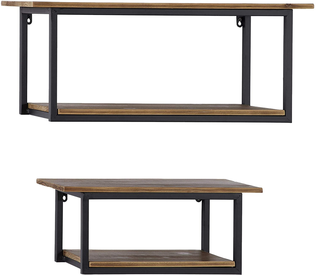 Rectangular Wood Black Metal 2 Tier Wall Shelf Set 2 28" 20"