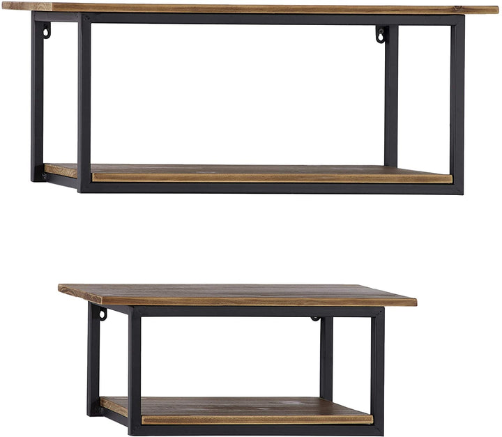 Rectangular Wood Black Metal 2 Tier Wall Shelf Set 2 28" 20"