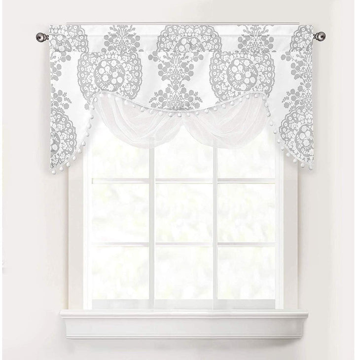Floral Damask Medallion Pattern Swag Valance Grey Kids