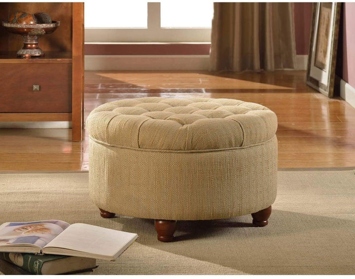Tan Cream Tweed Tufted Storage Ottoman Solid Casual Round
