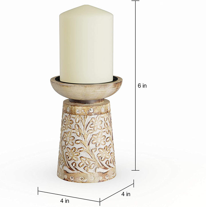 Mango Wood Iron Carved Floral Candle Holder Set Brown Bohemian Eclectic