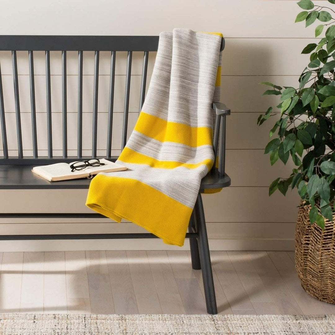 Sun Kissed Knit Throw Blanket Grey Yellow Chevron Modern Contemporary Shabby Chic Victorian Cotton