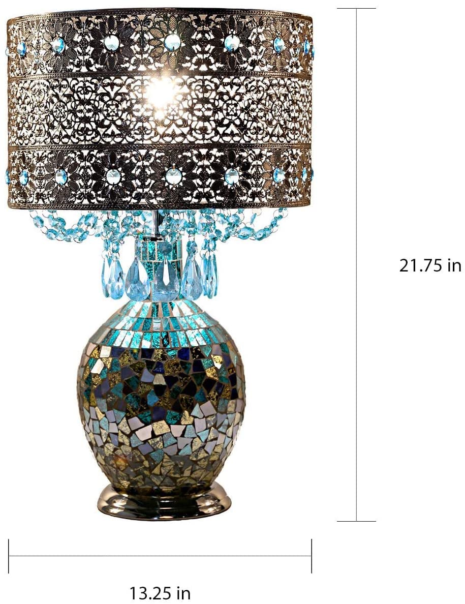 Poetic Wanderlust by Jeweled Metal Shade Mosaic Base Table Lamp Blue Silver Glam