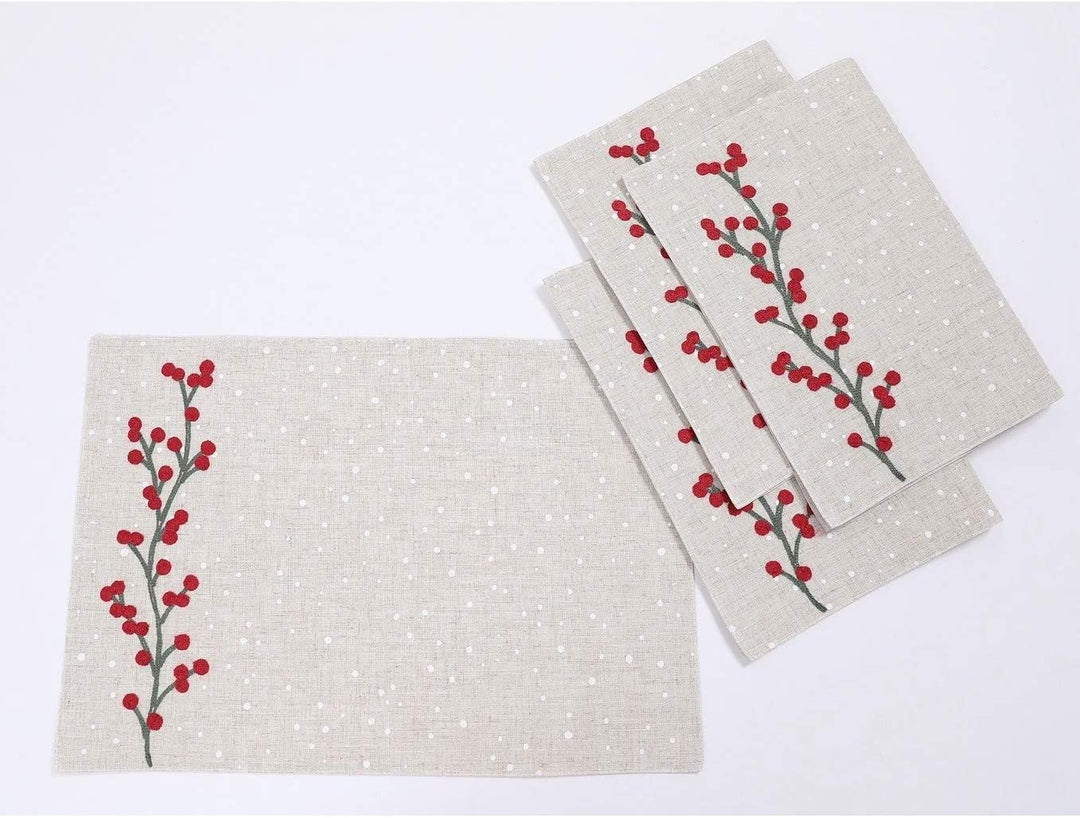 Berry Branch Embroidered Christmas Placemats 4"x20" Set 4