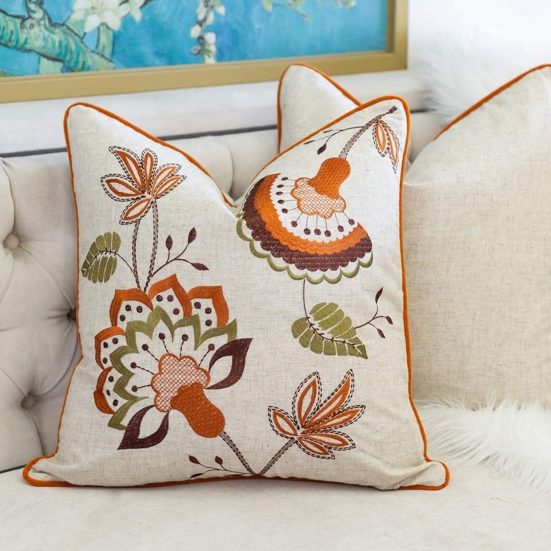 Cozy Embroidery Throw Pillow Cover Insert (Set 2) Orange Embroidered Linen Removable - Diamond Home USA
