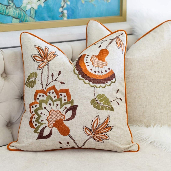 Cozy Embroidery Throw Pillow Cover Insert (Set 2) Orange Embroidered Linen Removable - Diamond Home USA