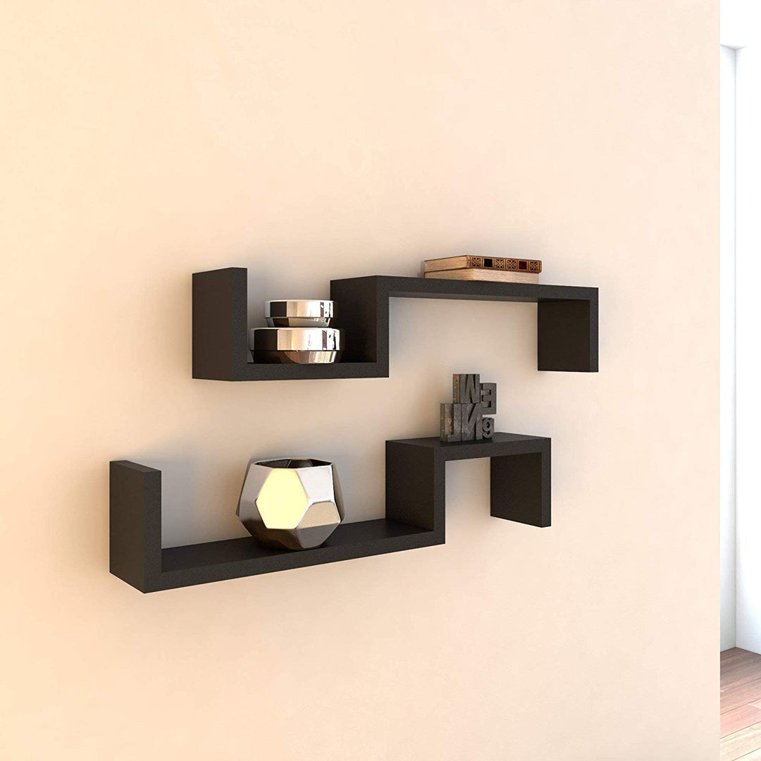 Black Angular S Shaped Floating Shelves Decorative Wall