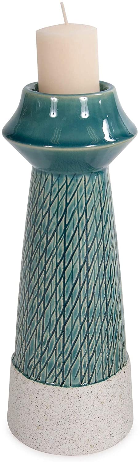 Blue Ceramic Candle Holder Large 9h X 3w 3D - Diamond Home USA