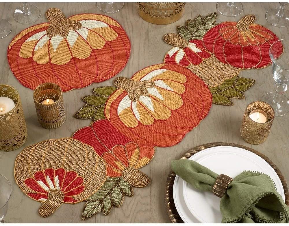 Glass Beads Placemats Pumpkin Design (Set 4) Orange Color Block Country Farmhouse Rustic Round - Diamond Home USA