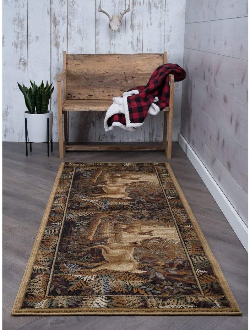 N2 2'7 x 7'3 Tan Brown Deer Runner Rug Rectangle Indoor Grey Beige Hunting Theme Hallway Carpet Forest Trees Bush Pattern Cabin Lodge Wildlife