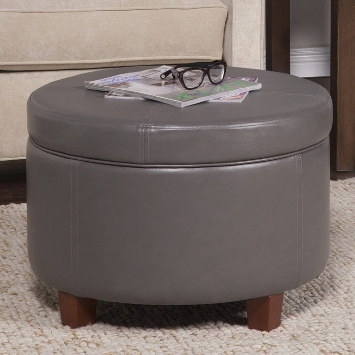 Charcoal Grey Leatherette Round Storage Ottoman Solid Casual