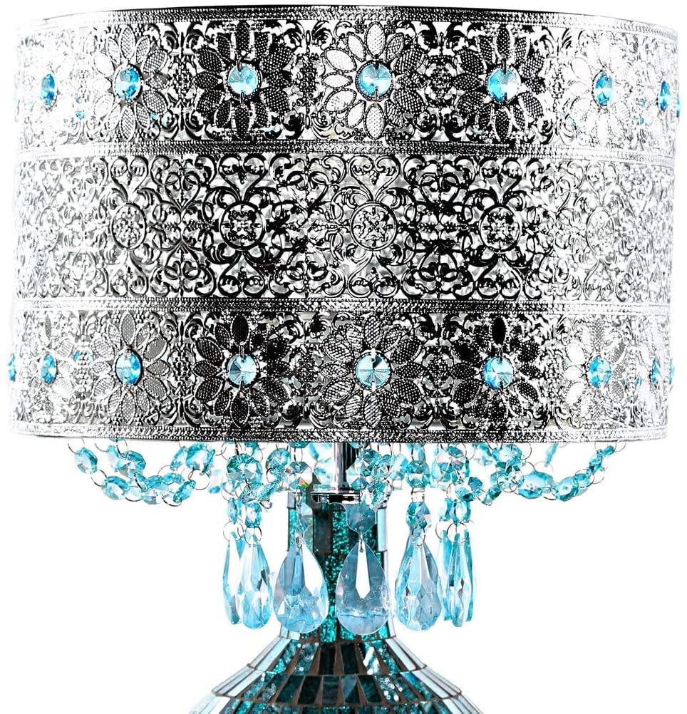 Poetic Wanderlust by Jeweled Metal Shade Mosaic Base Table Lamp Blue Silver Glam