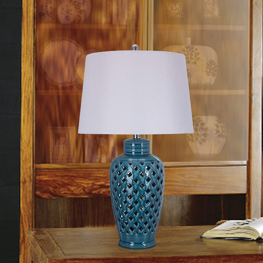 26 Inch Blue Ceramic Table Lamp Lattice Design