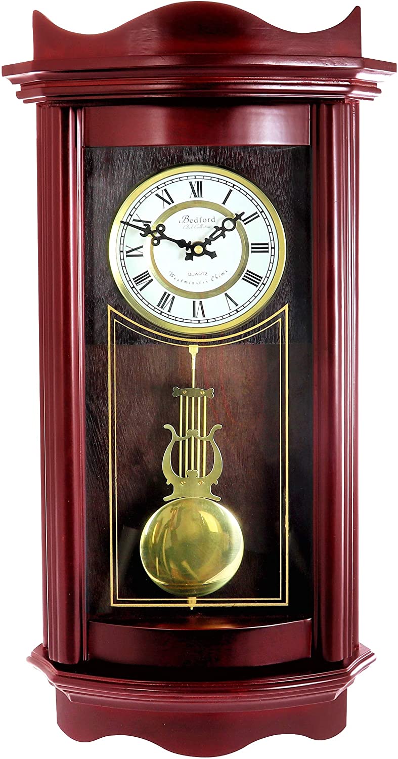 Decorative Wall Clock Pendulum Cherry Red Rectangular Wood Finish - Diamond Home USA