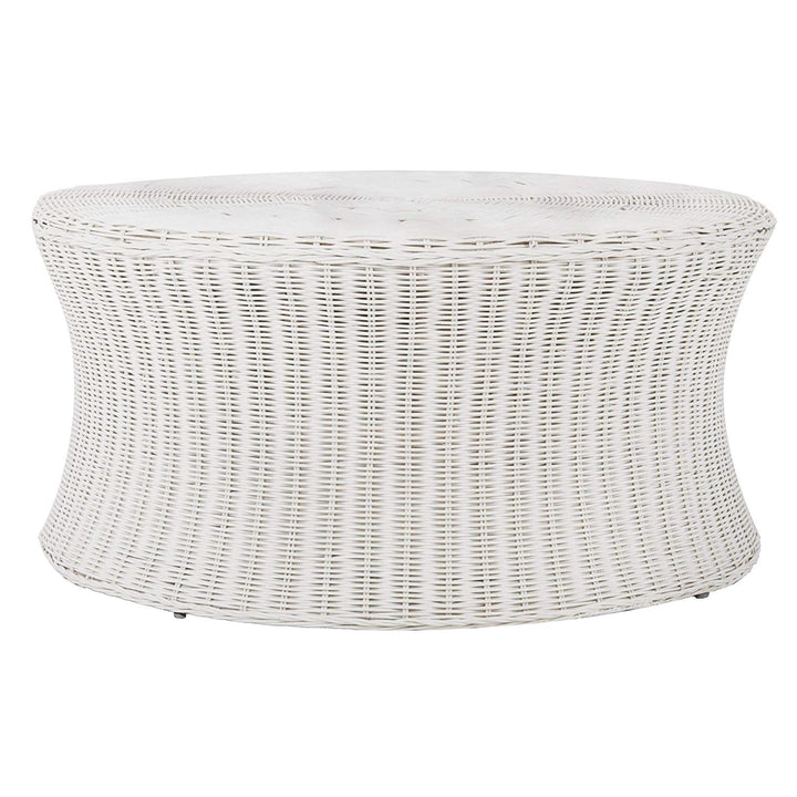 Round Wicker Ottoman White Large Rattan Coffee Table Rounded Shape Circular Footstool Indoor Living Room Strong Sturdy Beach Coastal Themed