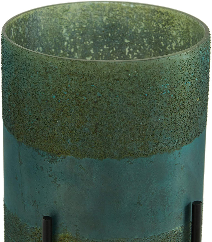 Round Textured Patterned Green Glass Candle Holders Black Metal Stand Set 2 10" 12" 13 X 6 12 Color - Diamond Home USA