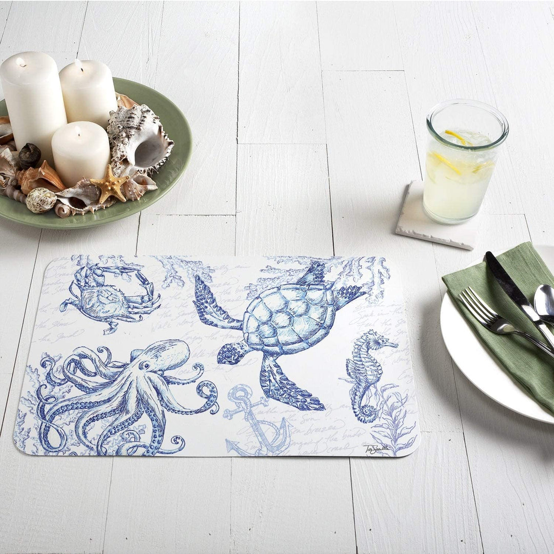 Wipe Clean Placemats Set 4 Coastal Sketch Color Rectangle Plastic - Diamond Home USA