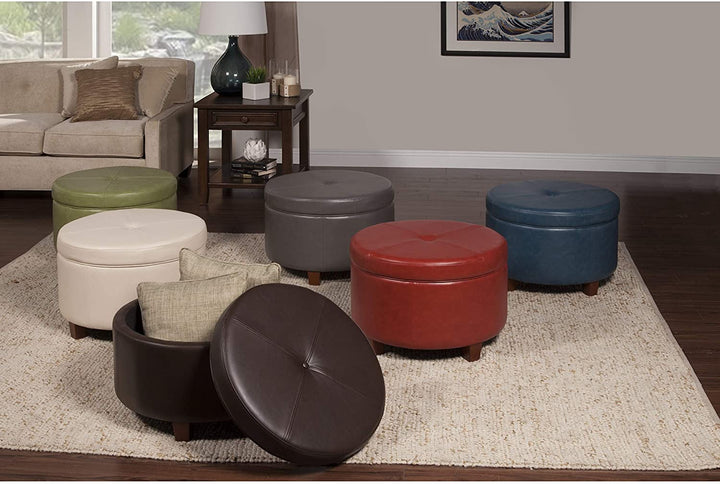 Charcoal Grey Leatherette Round Storage Ottoman Solid Casual Transitional Faux Leather Foam Wood - Diamond Home USA
