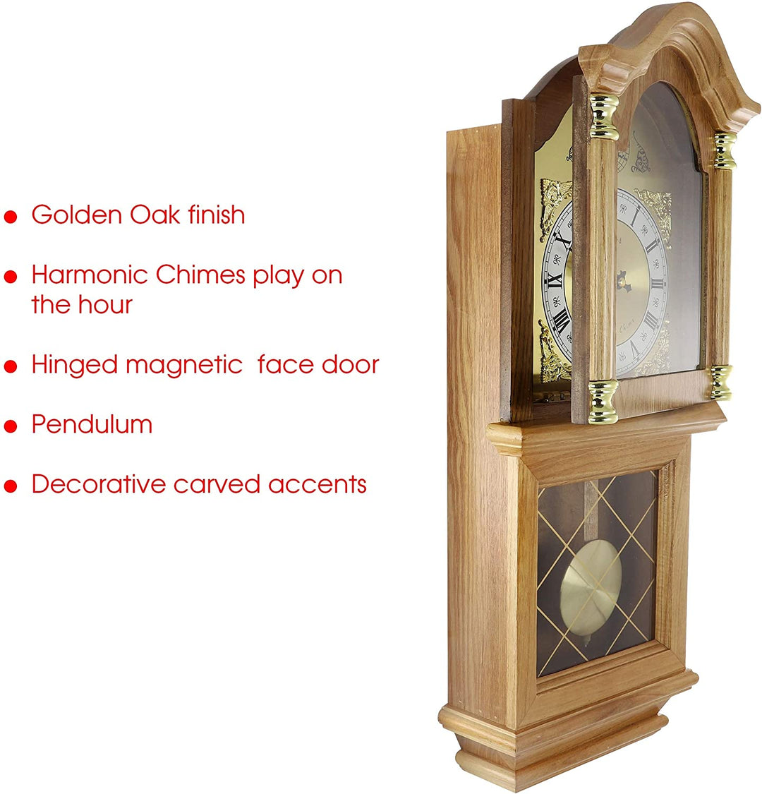 Classic 26" Wall Clock Pendulum Brown Rectangular Wood Finish - Diamond Home USA