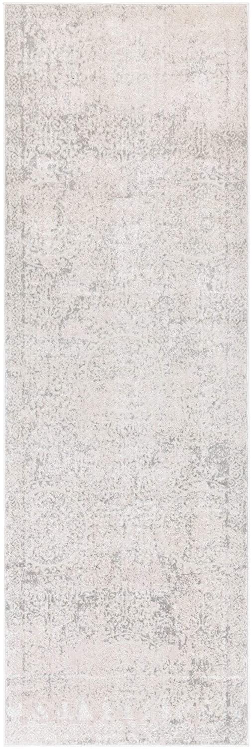 MISC Traditional Runner Rug 2'7" X 7'7" Grey Ivory White Medallion Rectangle Polyester Viscose Latex Free Pet Friendly Stain Resistant