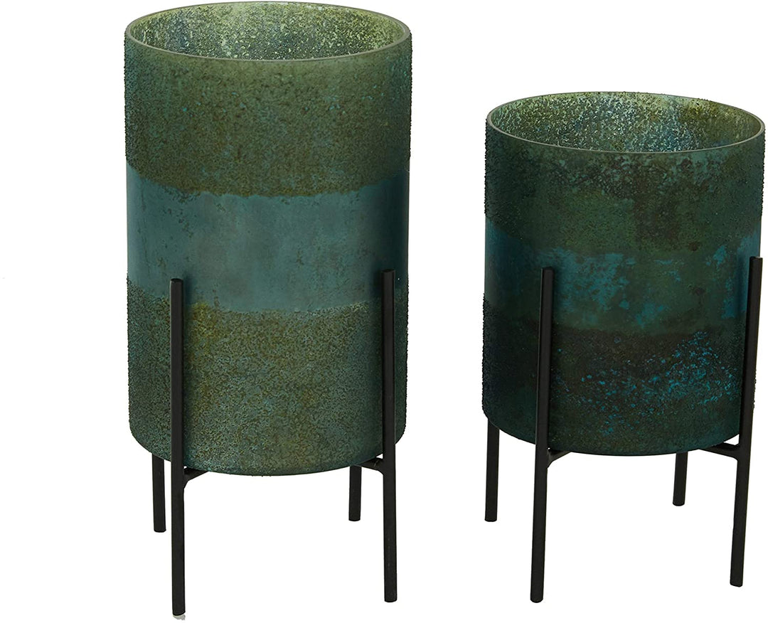 Round Textured Patterned Green Glass Candle Holders Black Metal Stand Set 2 10" 12" 13 X 6 12 Color - Diamond Home USA