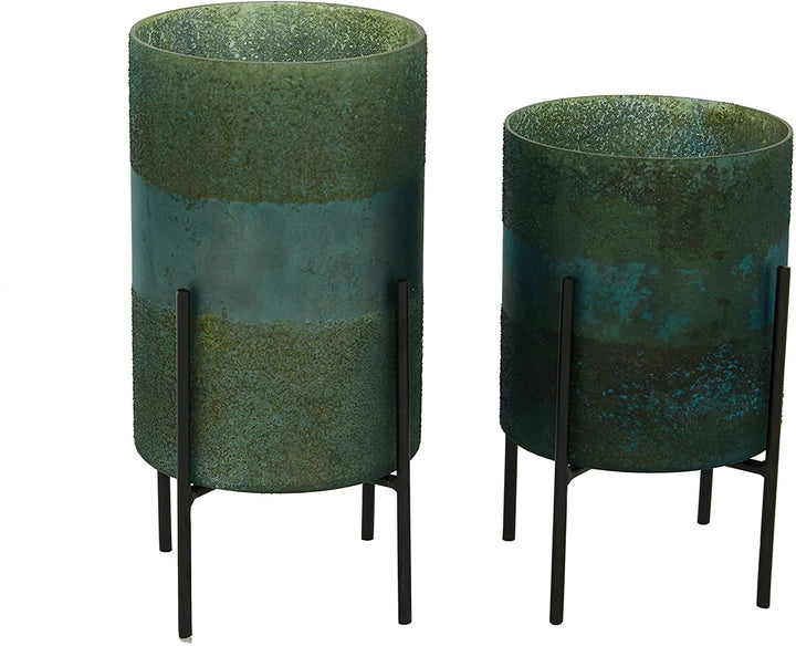 Round Textured Patterned Green Glass Candle Holders Black Metal Stand Set 2 10" 12" 13 X 6 12 Color - Diamond Home USA