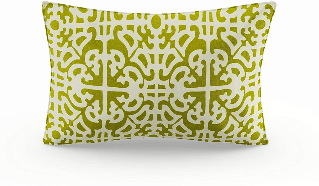 19x12 inch Rectangular Outdoor Grass Accent Pillows (Set 2) Green White Damask Transitional Polyester Fade Resistant Uv Water