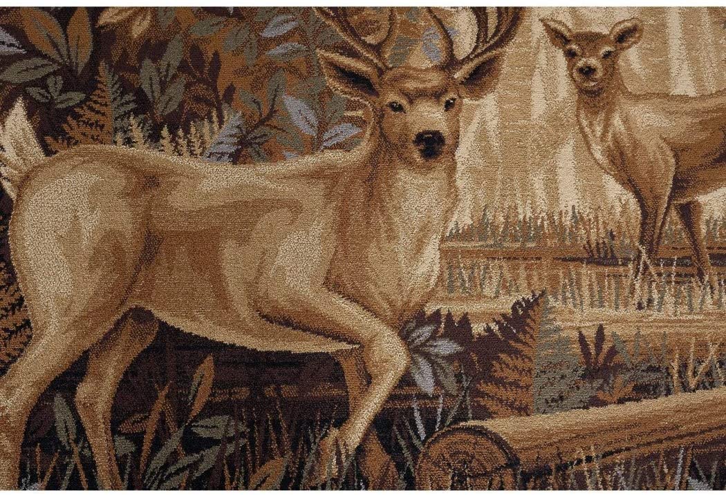 N2 2'7 x 7'3 Tan Brown Deer Runner Rug Rectangle Indoor Grey Beige Hunting Theme Hallway Carpet Forest Trees Bush Pattern Cabin Lodge Wildlife