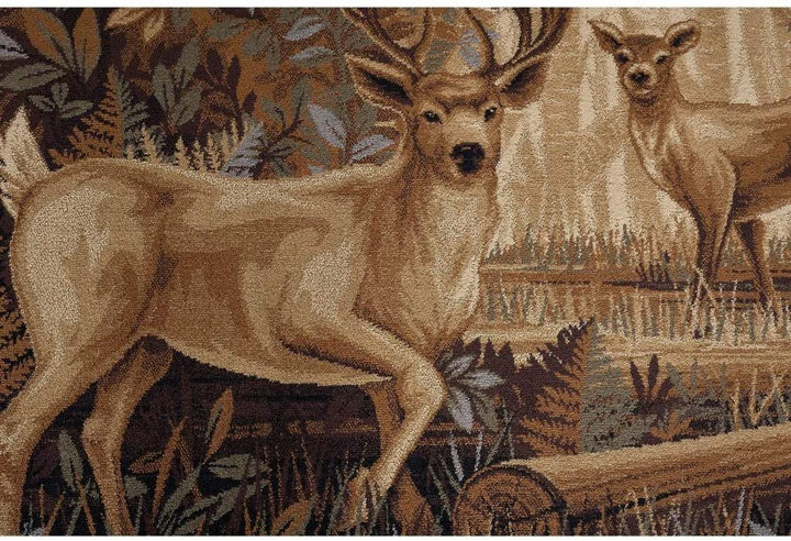 N2 2'7 x 7'3 Tan Brown Deer Runner Rug Rectangle Indoor Grey Beige Hunting Theme Hallway Carpet Forest Trees Bush Pattern Cabin Lodge Wildlife