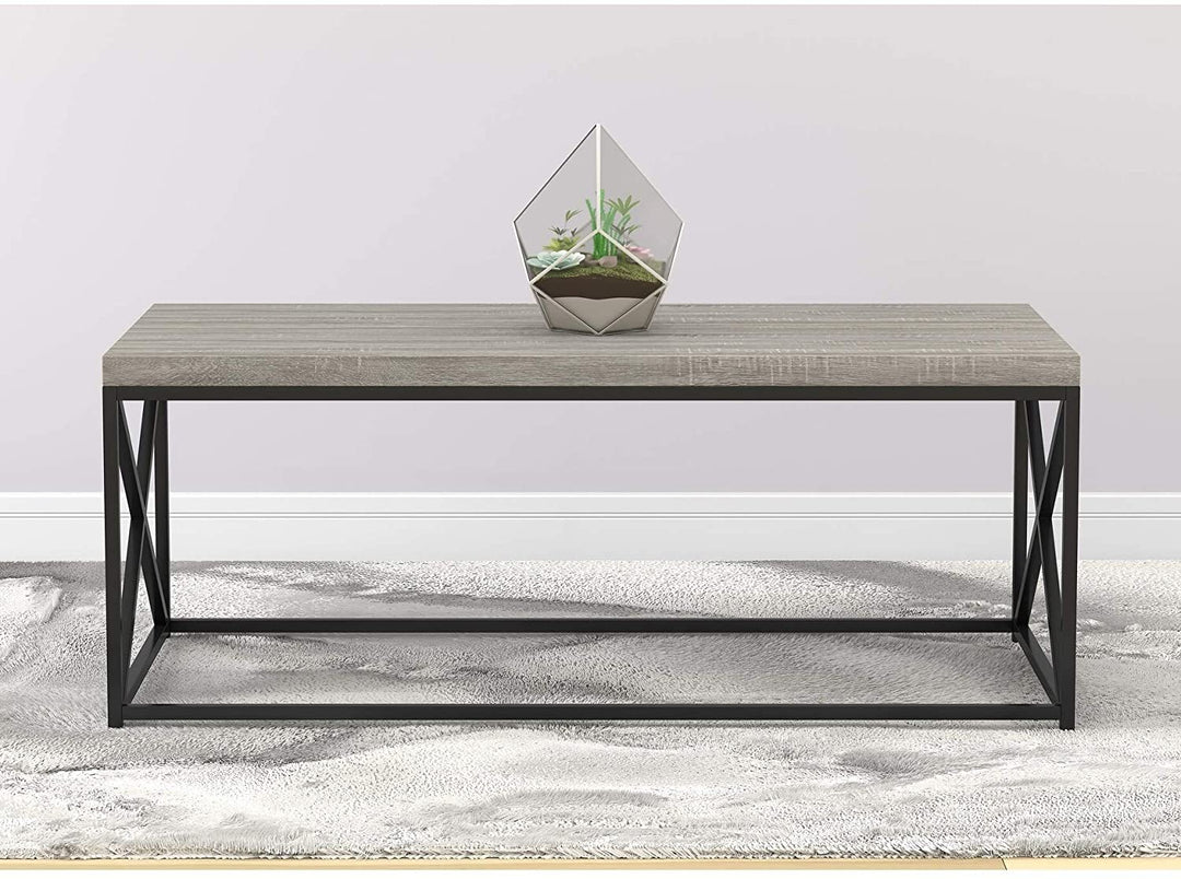 Coffee Table 48 l/Grey Wood/Black Metal Grey Transitional Rectangle Stainless Steel Matte Solid Wood
