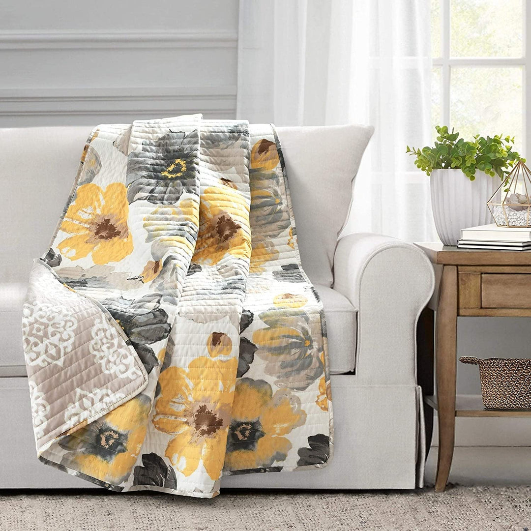 Throw Blanket Grey Yellow Damask Floral Farmhouse French