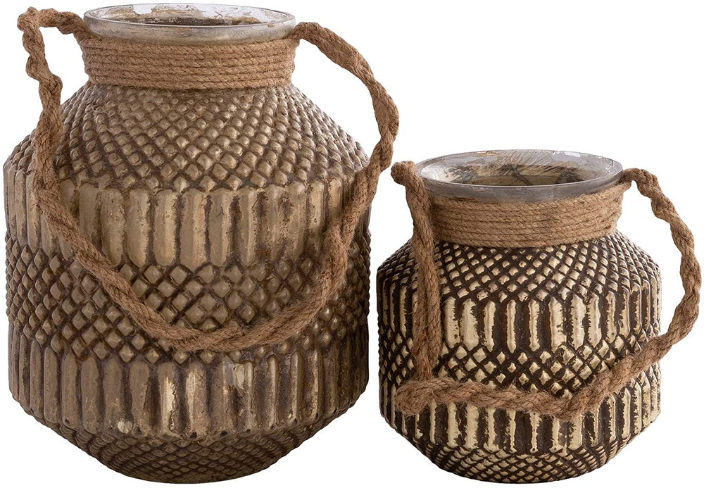 Distressed Glass Hurricane Set (2 Piece) Brown Traditional Handcrafted Handmade - Diamond Home USA
