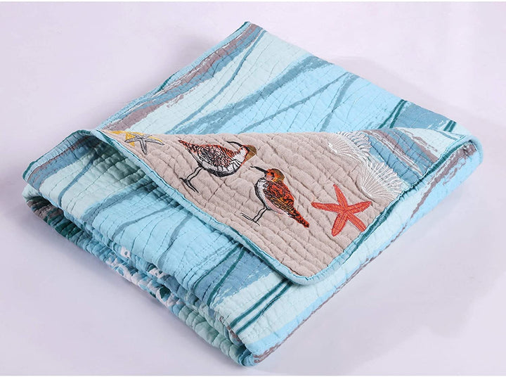 Maui Embroidered Cotton Throw Blue Brown Green Animal Nature