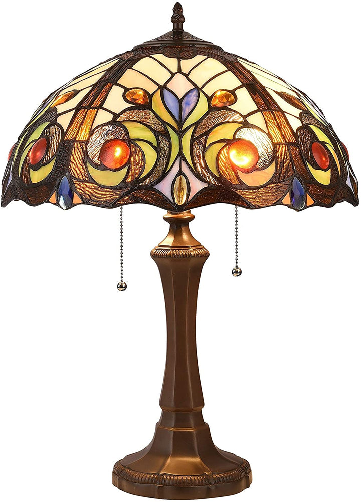 2 Light Dark Bronze Table Lamp Stained Glass Dome Shade