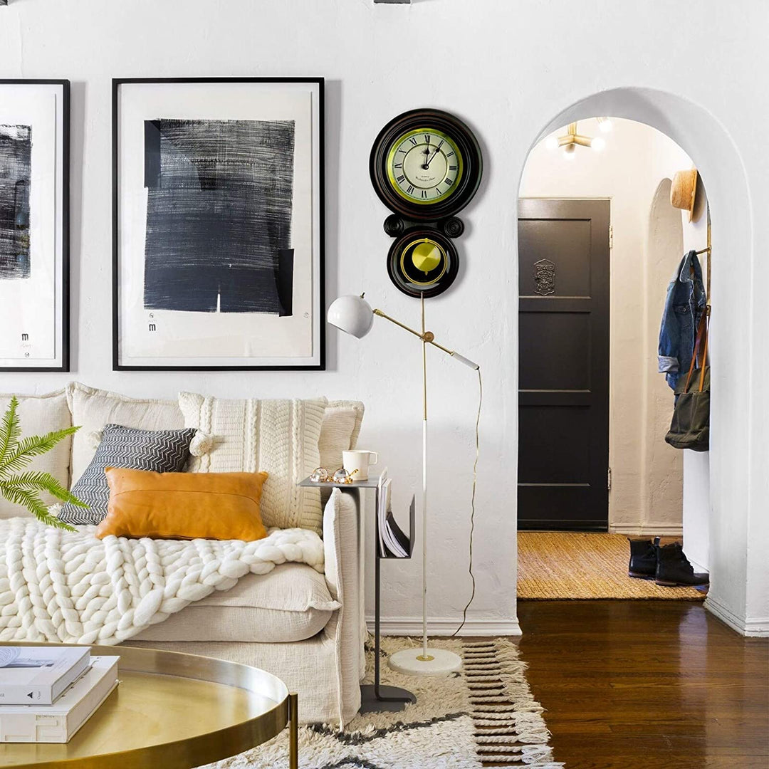 Decorative Round Wall Clock Pendulum Black Wood Oak Finish - Diamond Home USA