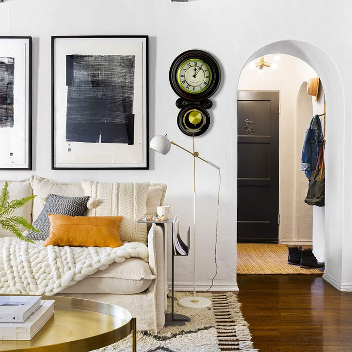 Decorative Round Wall Clock Pendulum Black Wood Oak Finish - Diamond Home USA