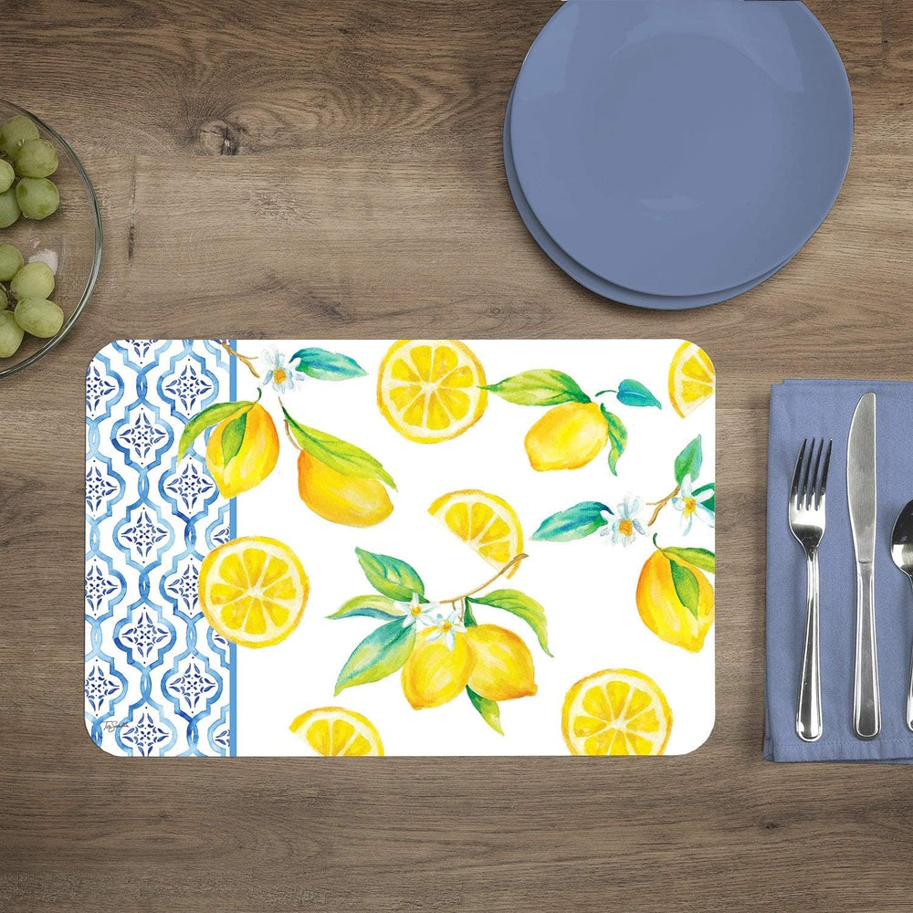 Wipe Clean Placemats Set 4 Lovely Lemons Color Rectangle Plastic - Diamond Home USA