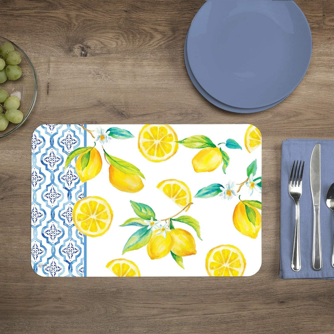 Wipe Clean Placemats Set 4 Lovely Lemons Color Rectangle Plastic - Diamond Home USA